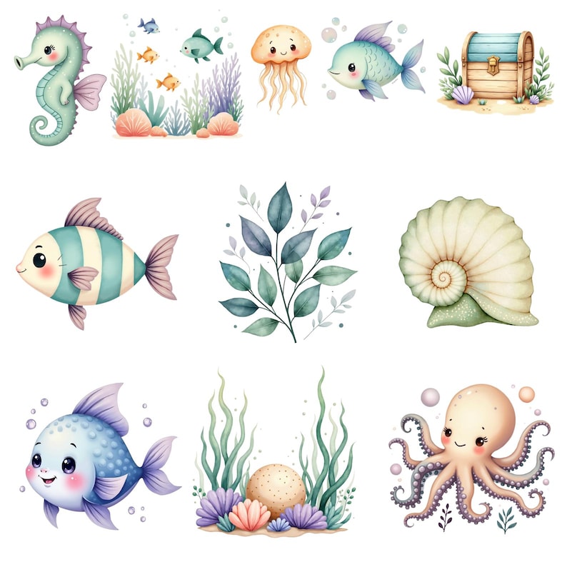 May include: Watercolor illustrations of various sea creatures and aquatic elements. Includes a seahorse, fish, jellyfish, octopus, seashell, treasure chest, and aquatic plants in pastel colors. The overall theme is an underwater scene.