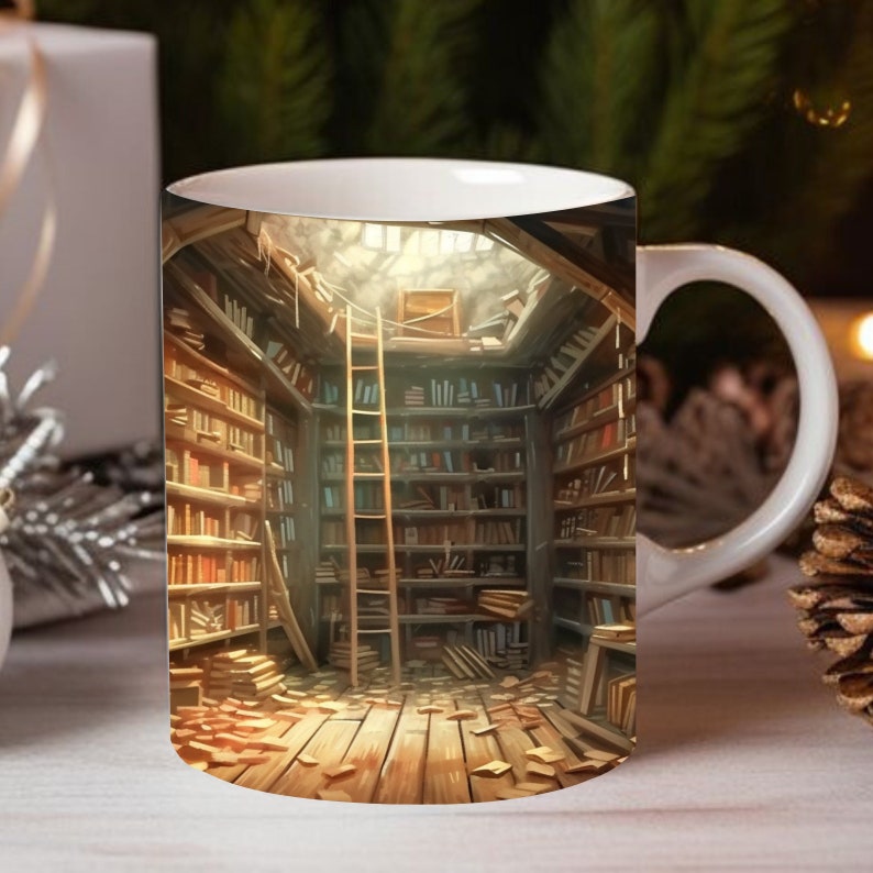 May include: White ceramic mug with a colorful image of a library with bookshelves filled with books, a ladder, and a wooden floor. The ceiling is open and light is shining through.