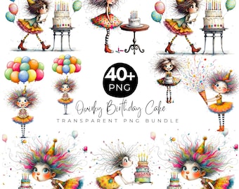 Quirky Birthday Cake Clipart Bundle, Birthday Girl PNG, Cute Party, Whimsical Birthday, Colorful Cake and Balloons PNG,Kids Birthday Clipart
