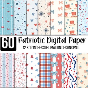 Può includere: Una collezione di 60 design di carta digitale patriottica, ciascuno di 30,5 x 30,5 cm. I modelli presentano elementi rossi, bianchi e blu come stelle, fiocchi, cuori e cappelli a cilindro. Adatto per la sublimazione.