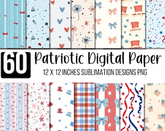 60 Grandmillennial Patriotic Digital Paper, Patriotic Seamless Pattern PNG, USA Bow Preppy, 4th of July Digital Paper Bundle, Digital PNG