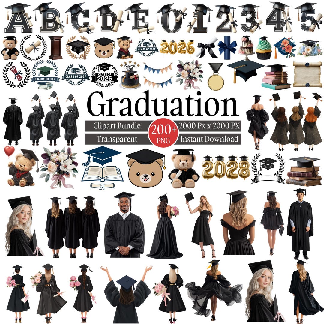 200+ Graduation Clipart PNG Bundle, Graduation Cap Gown Diploma ...