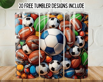 3D Sports Balls 20oz Skinny Tumbler PNG, Baseball Png,American Football Png, Western Tumbler png, Football Player PNG Print Wrap