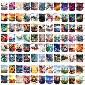May include: A set of 64 colorful ceramic mugs with various designs, including flowers, animals, landscapes, and abstract patterns. The mugs are all white with a handle on the right side.