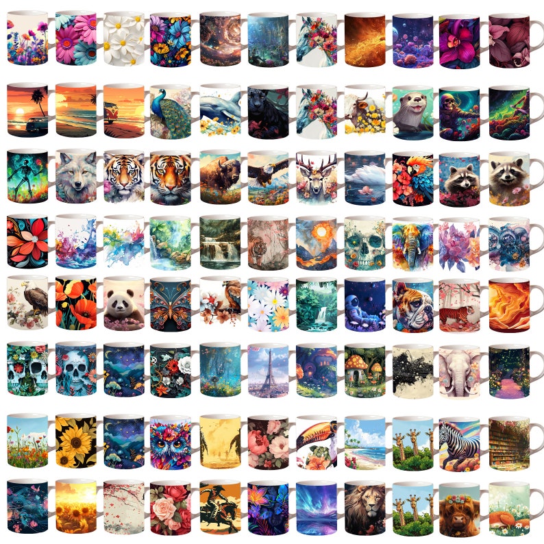 May include: A set of 64 colorful ceramic mugs with various designs, including flowers, animals, landscapes, and abstract patterns. The mugs are all white with a handle on the right side.