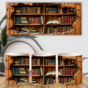 3D Bücherregal Becher Sublimation, 3D Buch Becher Wrap, 3D Becher Wrap, 11 Unzen Becher Png, 15 Unzen Becher PNG Buchliebhaber Becher, Sofort Download