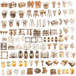 May include: A collection of watercolor illustrations featuring various rustic and farmhouse-themed elements, including suitcases, ladders, lanterns, candles, books, baskets, flowers, and more. The illustrations are in shades of brown, beige, and white, creating a warm and inviting aesthetic.