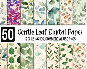 50 Gentle Leaf Digital Paper, Watercolor Scrapbook Papers, Seamless Patterns, Digital Background, Printable Paper Set, Floral Leaves