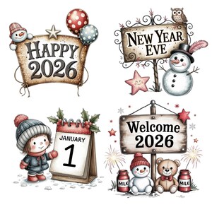 May include: A collection of watercolour illustrations for the New Year 2026. Features signs saying "Happy 2026", "New Year Eve", and "Welcome 2026", along with a calendar showing January 1st. Includes snowmen, an owl, a teddy bear, and festive balloons and stars.
