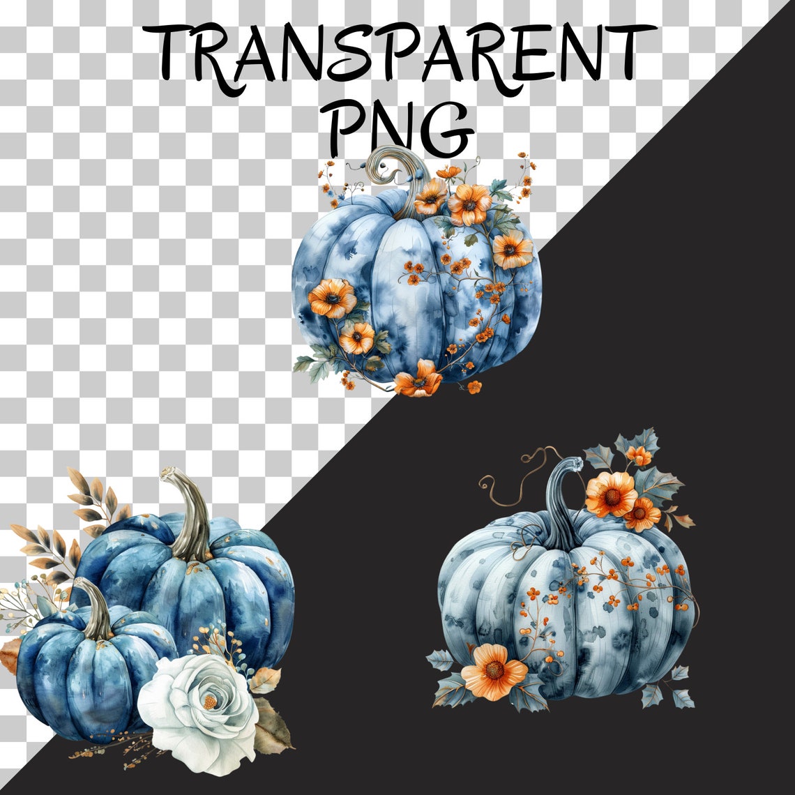 70 Watercolor Blue Fall Clipart Bundle, Floral Blue Pumpkin Png, Autumn ...
