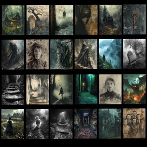 May include: A set of 24 digital art prints with a gothic theme. The images feature haunted houses, spectral figures, and foreboding landscapes. The colour palette is dominated by dark greens, greys, and blacks, creating a spooky atmosphere.