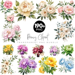190+ Peony Clipart Bundle, Peony Watercolor Png, Wedding Flowers Elements, Floral Clipart Bouquets, Pink Yellow Purple Watercolor Floral Png