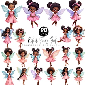 Può includere: Una collezione di illustrazioni ad acquerello di ragazze fate nere. Ogni fata è raffigurata con la pelle scura, indossa abiti rosa e adornata con ali colorate. L'immagine include il testo "Black Fairy Girl Transparent PNG Bundle" e una grafica "90 PNG".