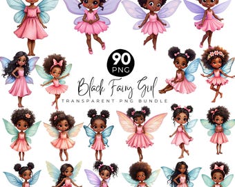 Akvarell svart älvflicka Clipart-paket, melaninälva PNG, fantasysaga Clipart, magisk prinsessa, afroälva, transparent PNG