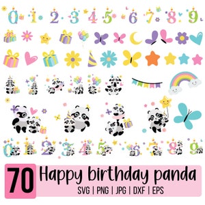 Feliz aniversário Panda SVG Bundle, Pandas Baby Shower, Desenhos PNG de aniversário, Topo de bolo Svg, Presente para bebê SVG, Cricut Cut, Download digital