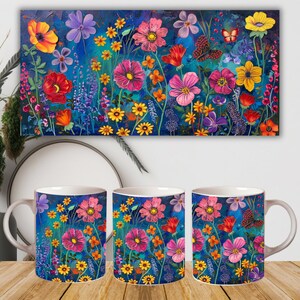 Peut inclure: Trois tasses en c&eacute;ramique blanche avec un motif floral color&eacute;. Le motif pr&eacute;sente des fleurs roses, rouges, jaunes, bleues et violettes sur un fond bleu fonc&eacute;.
