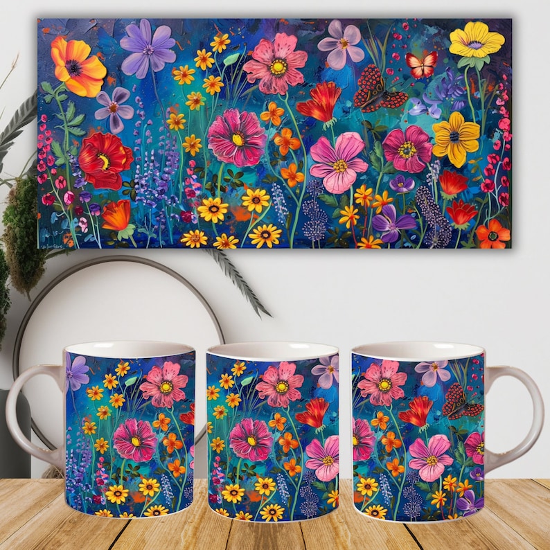 Peut inclure: Trois tasses en c&eacute;ramique blanche avec un motif floral color&eacute;. Le motif pr&eacute;sente des fleurs roses, rouges, jaunes, bleues et violettes sur un fond bleu fonc&eacute;.