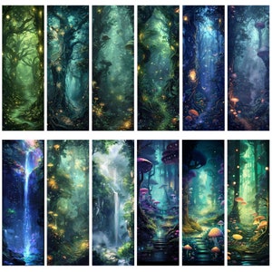 May include: A series of vertical art prints showcasing fantastical forest scenes. Each print features a unique, vibrant forest with glowing lights, waterfalls, and whimsical mushrooms. The colour palettes range from deep blues and greens to vibrant purples and oranges.