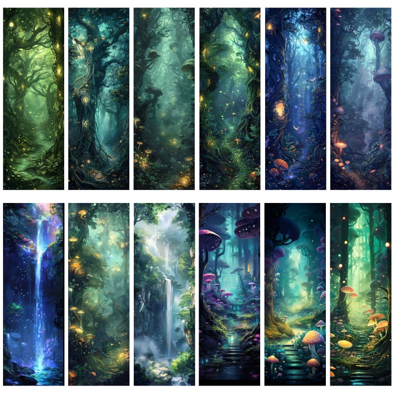 May include: A series of vertical art prints showcasing fantastical forest scenes. Each print features a unique, vibrant forest with glowing lights, waterfalls, and whimsical mushrooms. The colour palettes range from deep blues and greens to vibrant purples and oranges.
