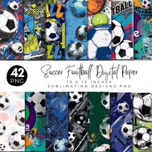 Könnte beinhalten: Eine Sammlung von 42 digitalen Papieren zum Thema Fußball. Jedes Design zeigt Fußbälle und abstrakte Hintergründe in verschiedenen Farben, darunter Blau, Grün und Schwarz. Die Papiere sind 30,48 x 30,48 cm groß und eignen sich für Sublimationsdesigns.