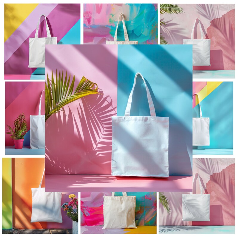K&ouml;nnte beinhalten: Neun wei&szlig;e Stofftaschen, die vor bunten Hintergr&uuml;nden pr&auml;sentiert werden. Die Taschen sind aus Canvas und haben ein schlichtes Design. Die Hintergr&uuml;nde umfassen Pink, Blau, Gelb und Gr&uuml;n.