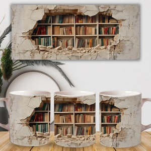 3D Bücherregal Becher Sublimation, 3D Buch Becher Wrap, 3D Becher Wrap, 11 Unzen Becher Png, 15 Unzen Becher PNG Buchliebhaber Becher, Sofort Download
