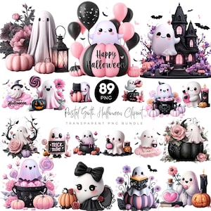 89 Pastel Goth Halloween PNG Bundle, Pink and Black Halloween Clipart, Gothic Pumpkin Skull Ghost PNG, Cute Spooky PNG