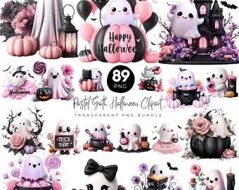 89 Pastel Goth Halloween PNG Bundle, Pink and Black Halloween Clipart, Gothic Pumpkin Skull Ghost PNG, Cute Spooky PNG