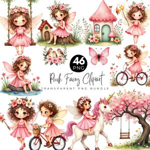 Può includere: Una collezione di immagini clipart di fate rosa. Le illustrazioni presentano fate con le ali, vestite di rosa e interagiscono con elementi come farfalle, fiori e un unicorno. Il testo "Pink Fairy Clipart" è anche visibile.