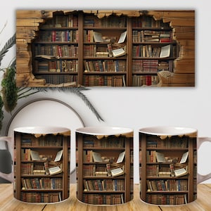 May include: Three white ceramic mugs with a design of a bookshelf filled with books. The bookshelf is set against a wooden background with a cracked and broken appearance, giving the illusion that the books are bursting out of the wall.