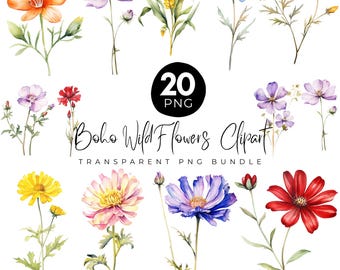 20 Watercolor Wildflower Clipart Png, Boho Wild Flowers, Watercolor Flower, Lush Wildflowers, Boho Flower, Flower Clipart, Instant download