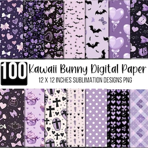 May include: A collection of 100 digital papers with various patterns in shades of purple, black, and white. Designs include hearts, bows, bats, and polka dots. The text reads "100 Kawaii Bunny Digital Paper 12 x 12 inches Sublimation Designs PNG".