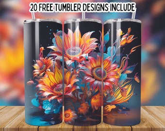 May include: Three stainless steel tumblers with a colorful floral design featuring sunflowers, blue flowers, and a dark background. The design is vibrant and abstract.