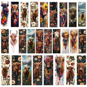 以下が含まれることがあります： カラフルな抽象的な花柄のハイランド牛の絵画を特徴とする、36点のデジタルアートプリントのコレクション。牛はさまざまなポーズと設定で描かれており、そのユニークな特徴と個性に焦点を当てています。