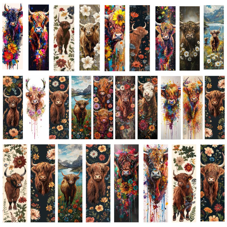 以下が含まれることがあります： カラフルな抽象的な花柄のハイランド牛の絵画を特徴とする、36点のデジタルアートプリントのコレクション。牛はさまざまなポーズと設定で描かれており、そのユニークな特徴と個性に焦点を当てています。
