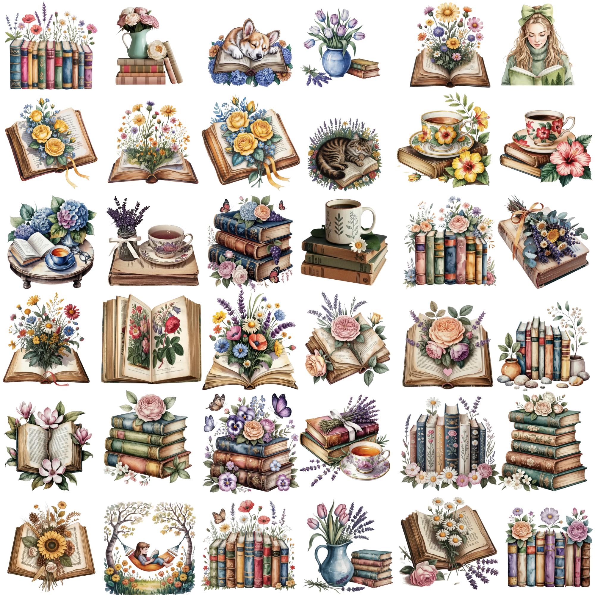 100+ Floral Books Clipart PNG Bundle, Vintage Flower Book Junk Journal ...