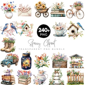 240+ Spring Clipart Bundle, Watercolor Floral Illustrations, Birdhouse, Bicycle & Blooming Flowers, Gardening and  Rustic Aesthetic Graphics