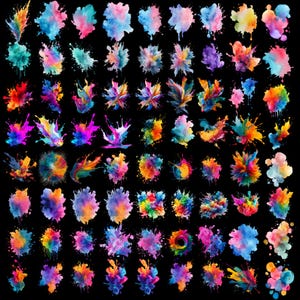 May include: A collection of colorful watercolor paint splatters in various shapes and sizes against a black background. The splatters feature a vibrant mix of blues, pinks, yellows, oranges, and purples, creating a dynamic and artistic display.