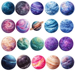 May include: A collection of twenty watercolor planet illustrations. Each planet is a different color, including blue, purple, pink, and green. One planet has a ring around it. The planets are round and have textured surfaces.