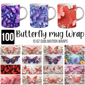 Pacote de 100 canecas de borboleta 3D, pacote de sublimação de caneca floral Png, sublimação de caneca de 15 onças, pacote de canecas de borboleta, envoltório de caneca floral, caneca 3D png