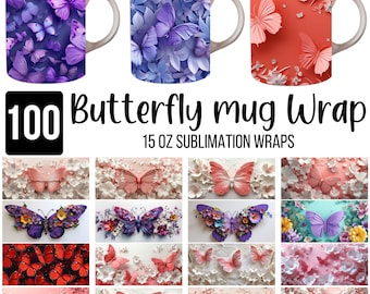 100 3D Butterfly Mug Wrap Bundle, Floral Mug Sublimation Bundle Png, 15oz Mug Sublimation, butterfly mug bundle, floral mug wrap, 3d mug png