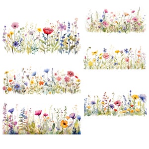 May include: Five watercolor illustrations of colorful wildflowers in a meadow. The flowers are arranged in rows, with each row featuring a different variety of flowers. The flowers are painted in shades of pink, purple, blue, yellow, and red.