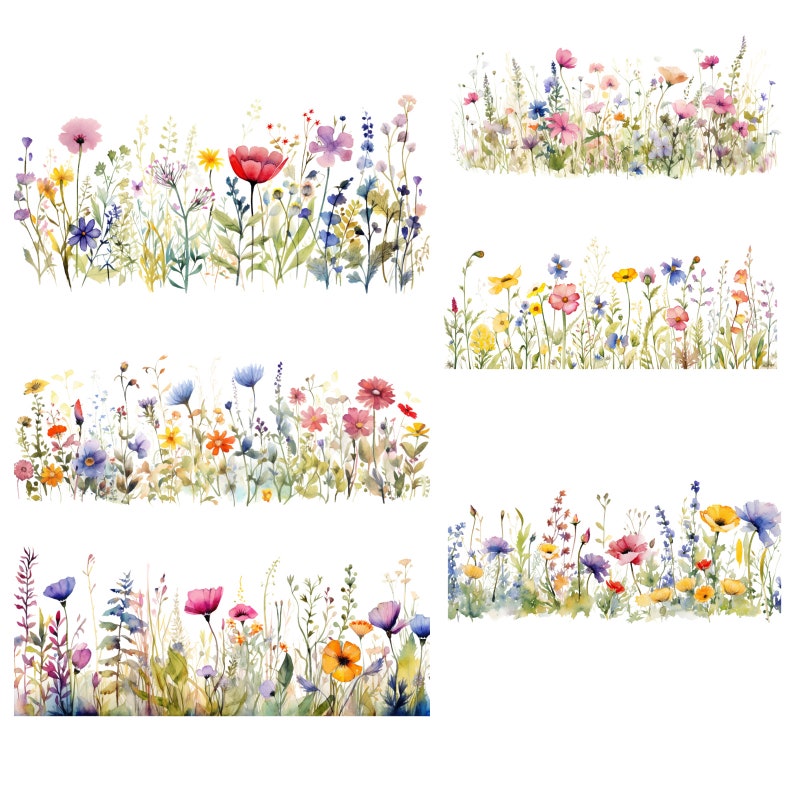 May include: Five watercolor illustrations of colorful wildflowers in a meadow. The flowers are arranged in rows, with each row featuring a different variety of flowers. The flowers are painted in shades of pink, purple, blue, yellow, and red.