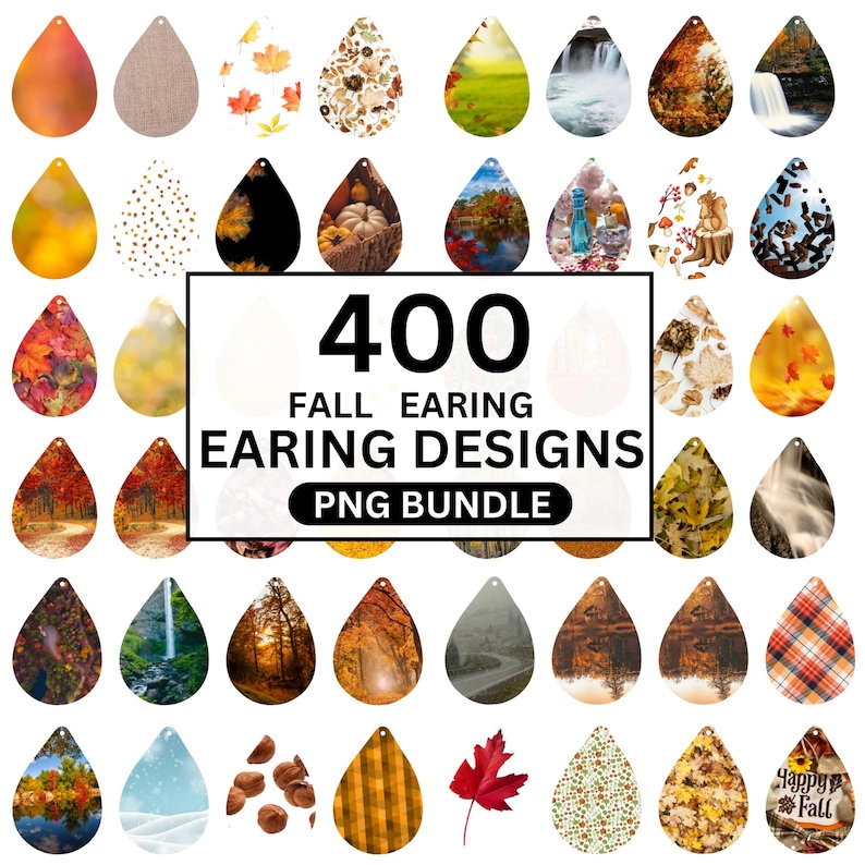 May include: A collection of 400 fall earring designs in a PNG bundle. The earrings are teardrop-shaped with various autumn-themed patterns, including leaves, landscapes, and textures. The image includes the text "400 FALL EARRING DESIGNS PNG BUNDLE".