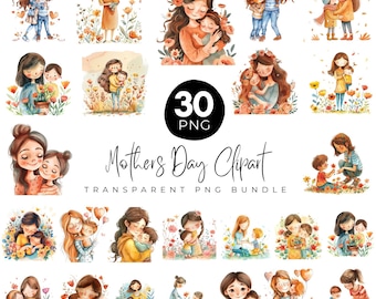 Paquete de 30 imágenes prediseñadas de acuarela para madres, lindas imágenes prediseñadas del Día de la Madre, mamá e hijo en formato PNG, ilustraciones del Día de la Madre, mamá e hijo kawaii