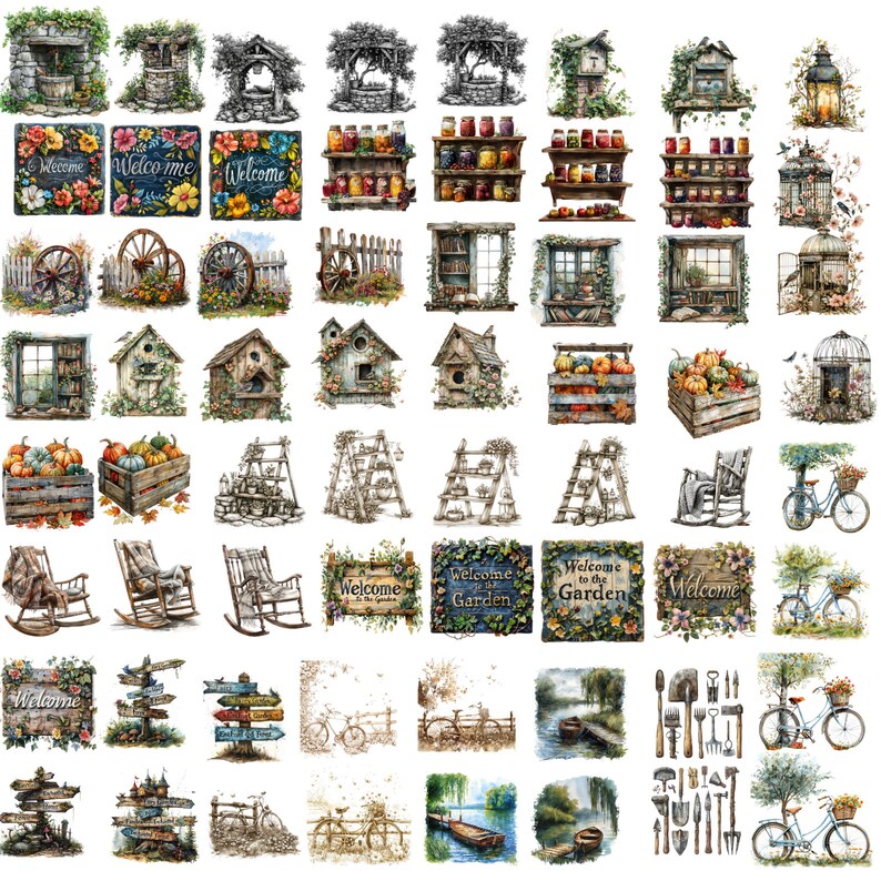 May include: A collection of 48 digital clipart images featuring various rustic and farmhouse-themed designs. The images include birdhouses, ladders, rocking chairs, signs, windows, fences, pumpkins, bicycles, and more. The images are in a watercolor style and have a vintage feel.