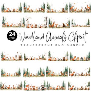 May include: A collection of 24 PNG woodland animal clipart images. The illustrations feature various forest animals like foxes, deer, bears, and rabbits, set against a backdrop of trees and foliage. The text "Woodland Animals Clipart" and "Transparent PNG Bundle" are also included.