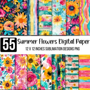 55 Summer Flower Digital Papers, Flower Backgrounds PNG, Spring Floral Watercolor Scrapbook Paper, Bright Flower Backgrounds