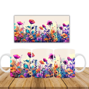 May include: Three white ceramic mugs with a colorful floral design. The design features pink, purple, blue, orange, and yellow flowers on a cream background.