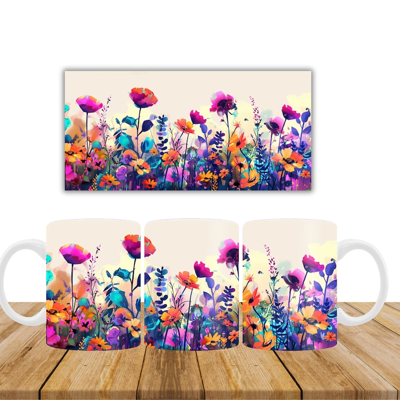 May include: Three white ceramic mugs with a colorful floral design. The design features pink, purple, blue, orange, and yellow flowers on a cream background.